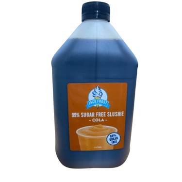 Blue bottle of Jack Frost 99% sugar-free slushie cola on a white background